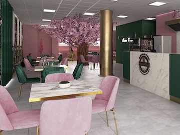 Choco Boss store seating area with tropical wallpaper and pink chairs